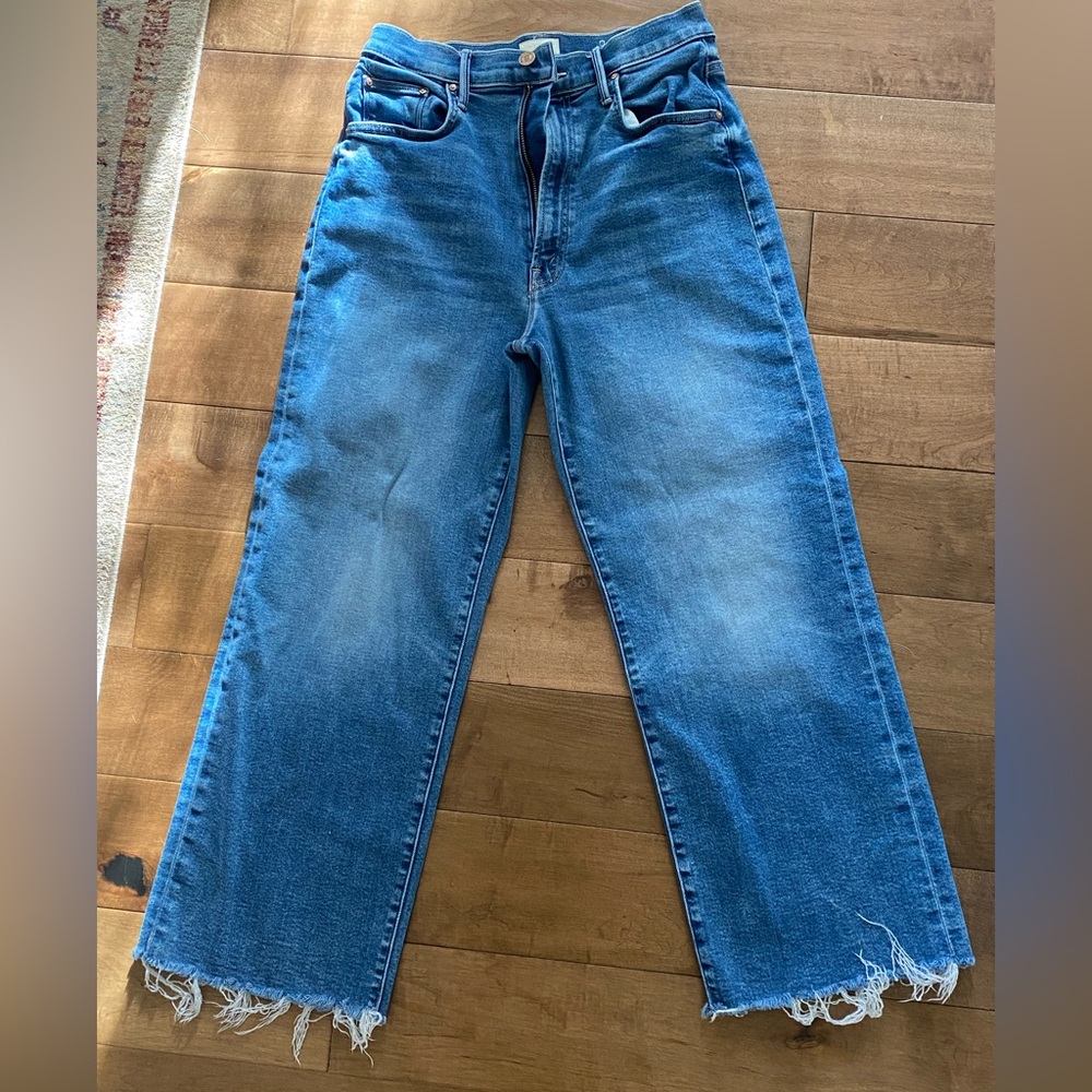 MOTHER Straight Leg Jeans in Medium Blue with Frayed Hem